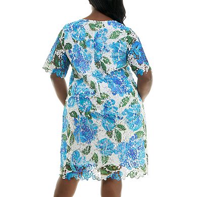 Plus Size Nina Leonard Elbow Sleeve Lace Print Dress
