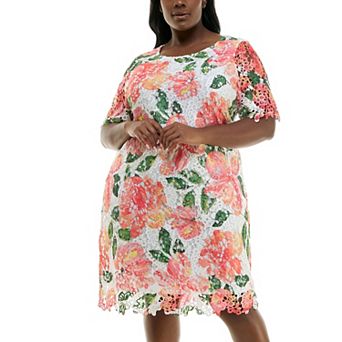 Plus Size Nina Leonard Elbow Sleeve Lace Print Dress
