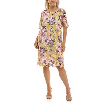 Plus Size Nina Leonard Elbow Sleeve Lace Print Dress