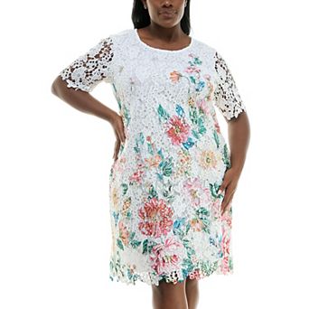 Plus Size Nina Leonard Elbow Sleeve Lace Print Dress