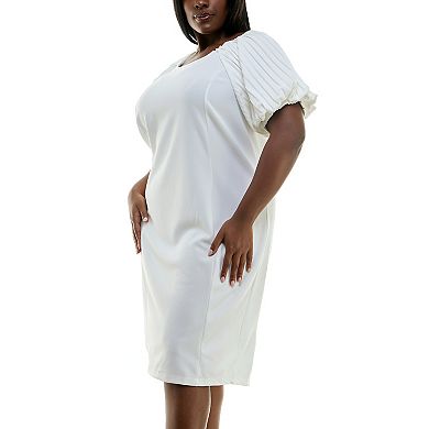 Plus Size Nina Leonard Pleated Puff Sleeve Midi Sheath Dress