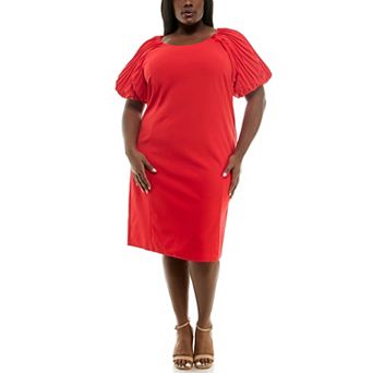 Plus Size Nina Leonard Pleated Puff Sleeve Midi Sheath Dress