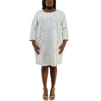 Plus Size Nina Leonard Jacquard 3/4-Sleeve Trapeze Dress