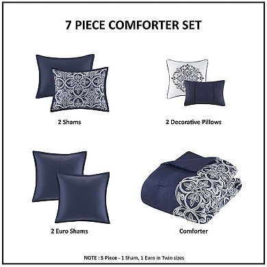 7-Piece Flocking Comforter Set with Euro Shams and Throw Pillows