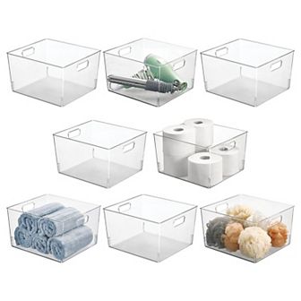 mDesign Large Plastic Bathroom Storage Organizer Bin with Handles, 8 Pack, Clear