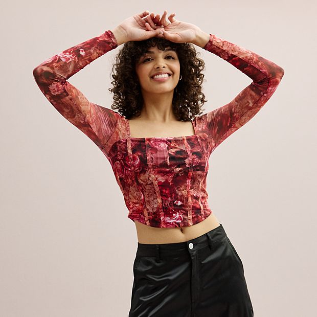 Juniors' madden girl Long-Sleeve Mesh Corset Top