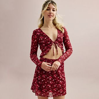 Juniors' madden girl Long-Sleeve Flyaway Top & Mini Skirt Set