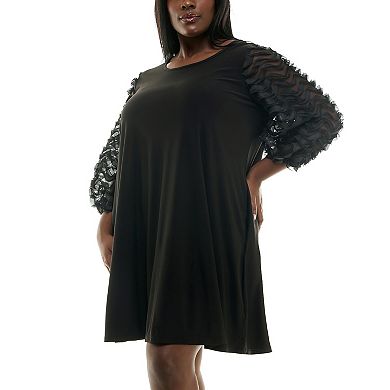 Plus Size Nina Leonard Mesh Textured Balloon Sleeve Mini Trapeze Dress