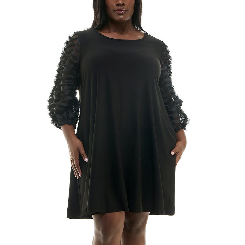 Plus Size Nina Leonard Mesh Textured Balloon Sleeve Mini Trapeze Dress, Women's, Size: 1XL, Black