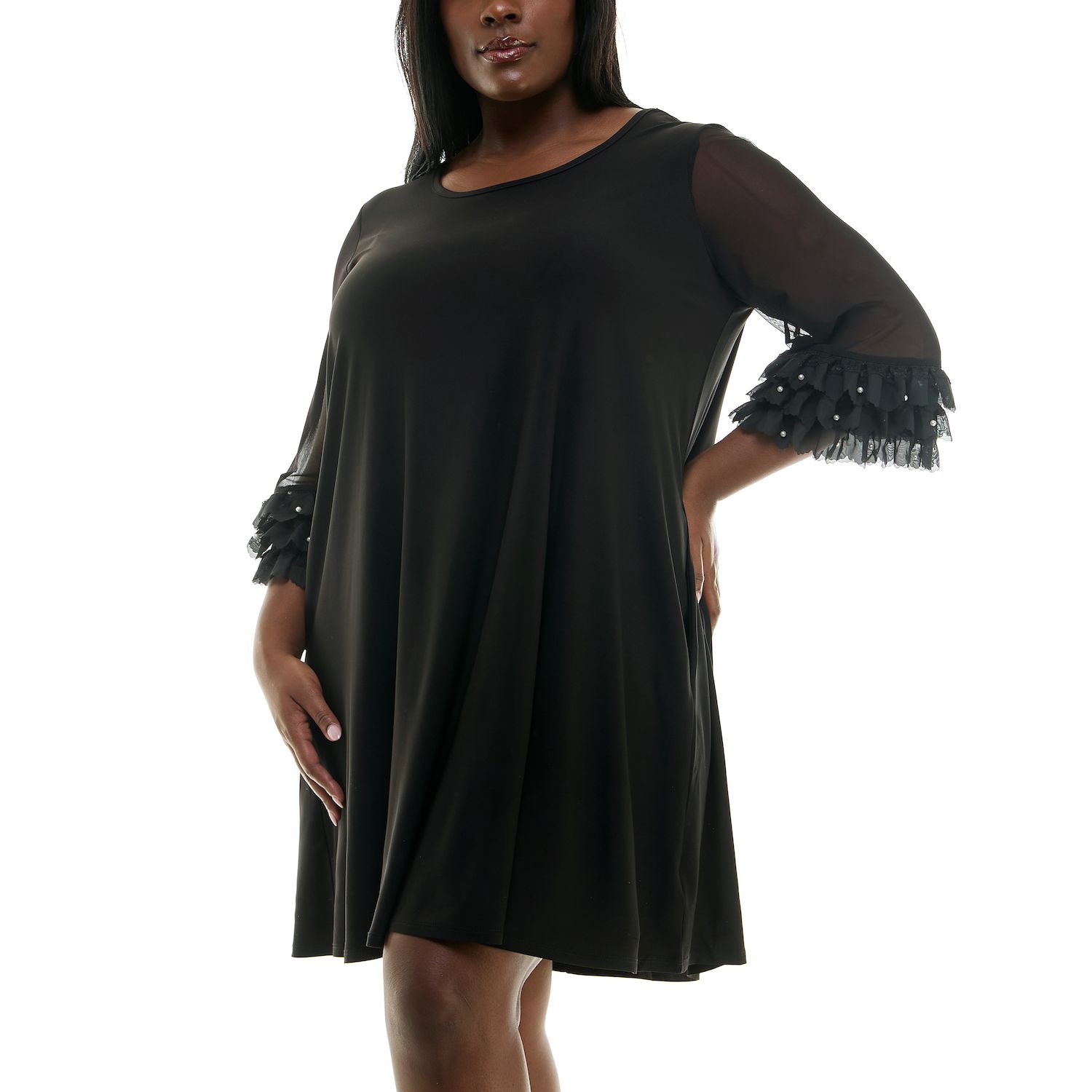 women's nina leonard mesh yoke trapeze dress Nina Leonard Mock Neck Long Sleeve Trapeze Dress in Black