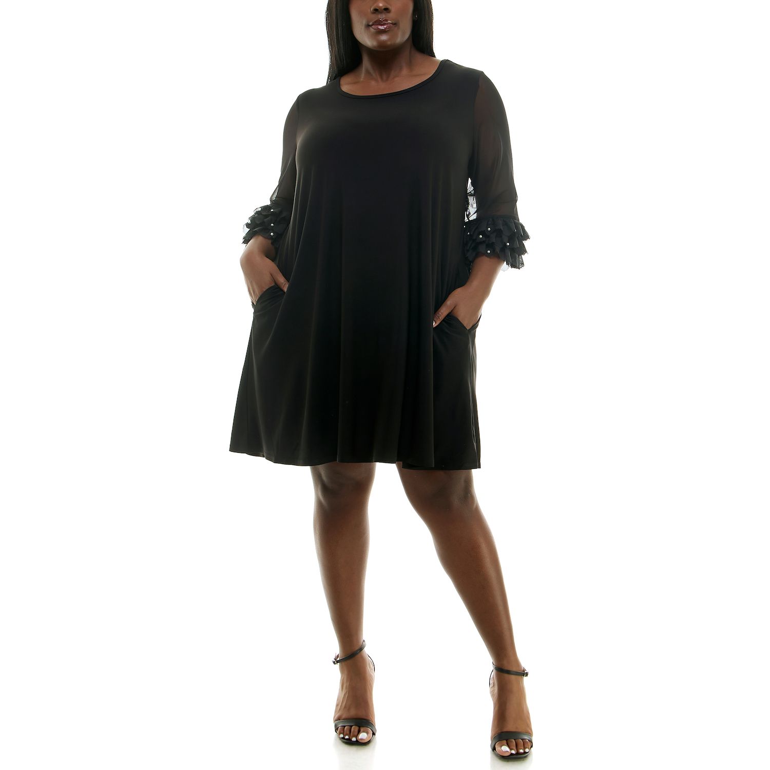 Женские платья Plus Size Nina Leonard Mesh Ruffle Sleeve Mini Trapeze, цвет: Чёрный — фото 4
