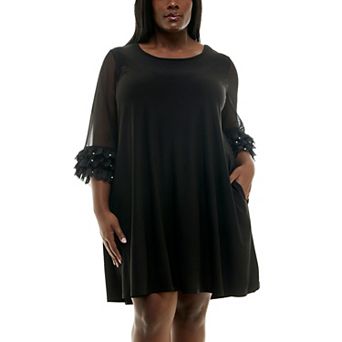 Plus Size Nina Leonard Mesh Ruffle Sleeve Mini Trapeze Dress
