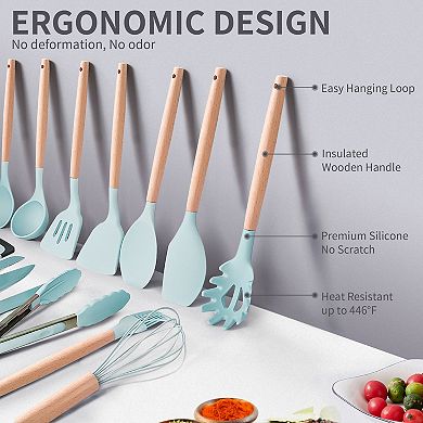 Silicone Cooking Utensils Set - Heat Resistant Kitchen Utensils, 19 Pieces Kitchen Utensil Set