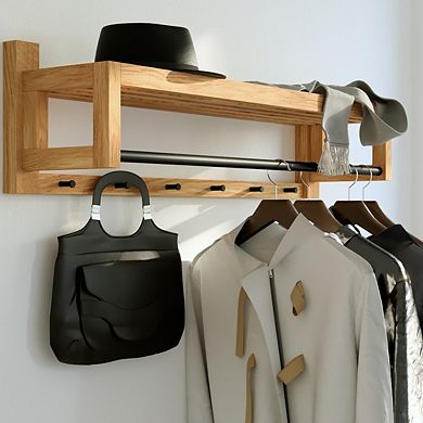 WOODEK Contemporary Oak Wood Coat Rack - Minimalistic Entryway Organizer with Shelf and Hooks