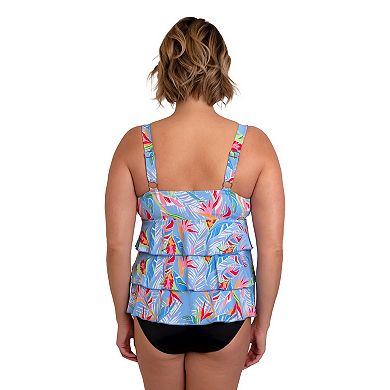 Plus Size Fit 4 U Tropical Print Mastectomy Tiered Tankini Swim Top