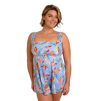 Plus Size Fit 4 U Tropical Print Squareneck Short Sleeve Swim Dress