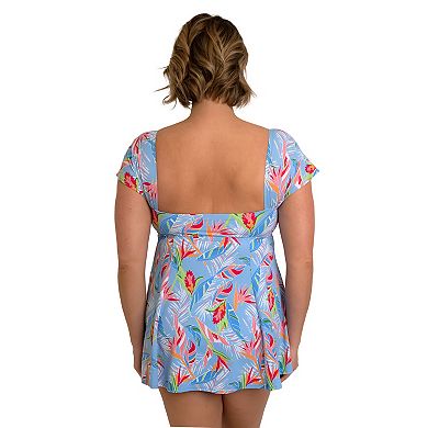 Plus Size Fit 4 U Tropical Print Squareneck Short Sleeve Swim Dress