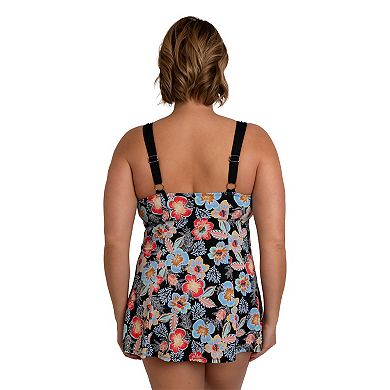 Plus Size Fit 4 U Floral Print Banded Square Neck One-Piece Swim Dress