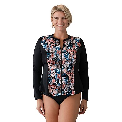 Plus Size Fit 4 U Floral Print Long Sleeve Zip-Up Swim Shirt