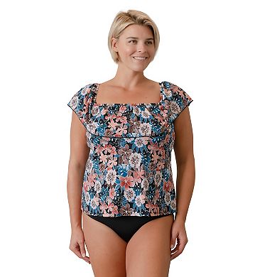 Plus Size Fit 4 U Floral Moon Shadow Print Off-The-Shoulder Tankini Swim Top