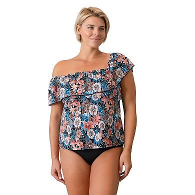 Plus Size Fit 4 U Floral Moon Shadow Print Off-The-Shoulder Tankini Swim Top