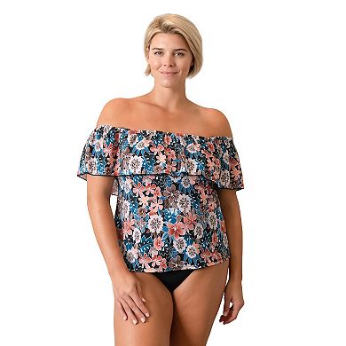 Plus Size Fit 4 U Floral Moon Shadow Print Off-The-Shoulder Tankini Swim Top