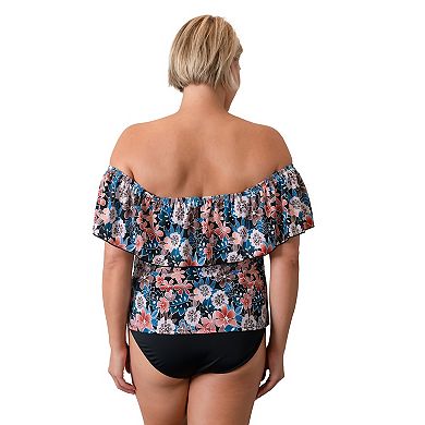 Plus Size Fit 4 U Floral Moon Shadow Print Off-The-Shoulder Tankini Swim Top