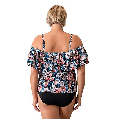 Plus Size Fit 4 U Floral Moon Shadow Print Off-The-Shoulder Tankini Swim Top