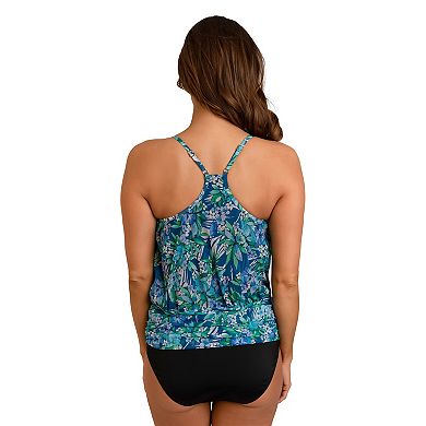 Women's Fit 4 U Tropical Print Mesh Racerback Blouson Tankini Top