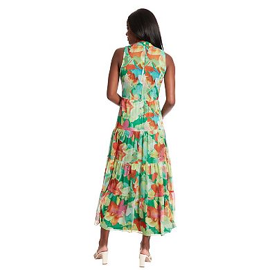 Women's London Times Floral Tie Neck Tiered Maxi Dress