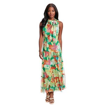 Women's London Times Floral Tie Neck Tiered Maxi Dress