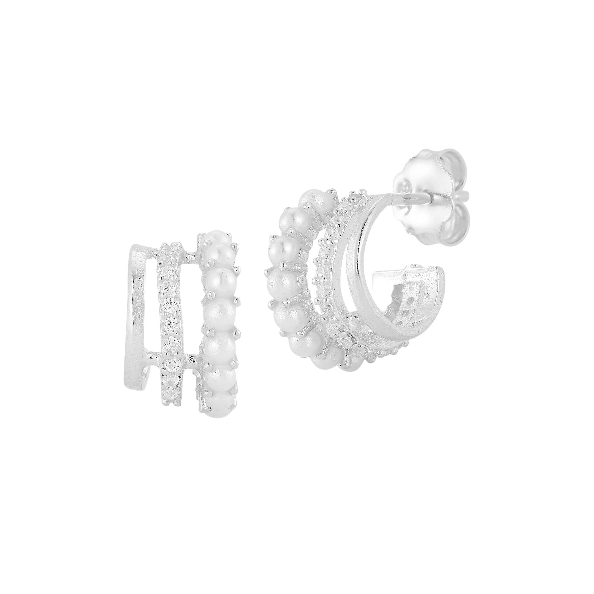 Sunkissed Sterling Cubic Zirconia Freshwater Cultured Pearl Triple Ring Ear