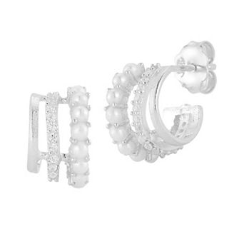 Sunkissed Sterling Cubic Zirconia Freshwater Cultured Pearl Triple Ring Earrings