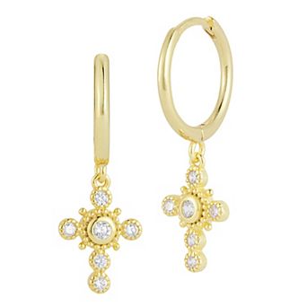 Sunkissed Sterling Cubic Zirconia Cross Charm Huggie Hoop Earrings