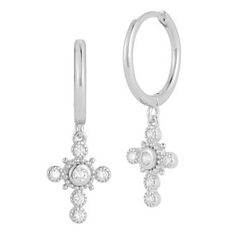 Sunkissed Sterling Cubic Zirconia Cross Charm Huggie Hoop Earrings