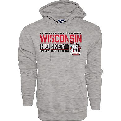 Men's Blue 84  Heather Gray Wisconsin Badgers Men's Hockey 75th Season & Six-Time National Champions Pullover Hoodie