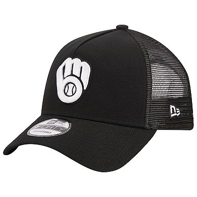 Men's New Era Black Milwaukee Brewers A-Frame 9FORTY Trucker Adjustable Hat