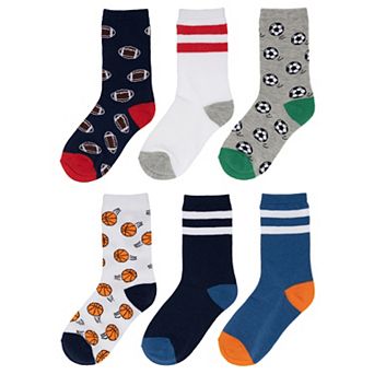 Boys 6-8.5 Sports Crew Socks 6-Pack Set