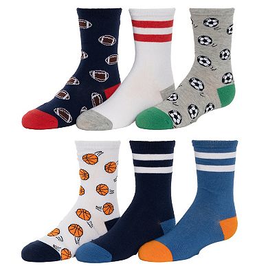 Boys 6-8.5 Sports Crew Socks 6-Pack Set