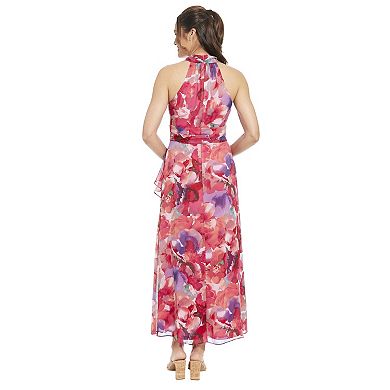Women's London Times Floral Watercolor Halter Neck Ruffly Slit Hem Maxi Dress