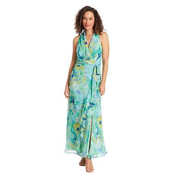 Women's London Times Floral Watercolor Halter Neck Ruffly Slit Hem Maxi Dress