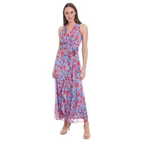 Женские платья London Women's London Times Floral Watercolor Halter Neck Ruffly Slit Hem Maxi Dress