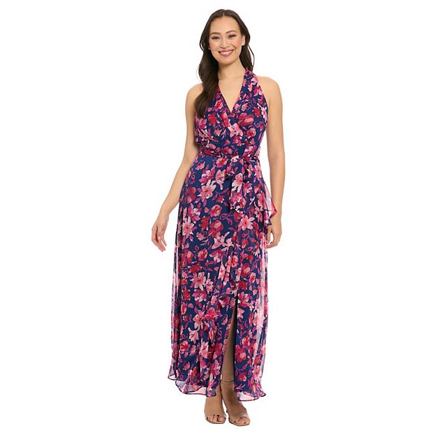 Women's London Times Floral Watercolor Halter Neck Ruffly Slit Hem Maxi  Dress
