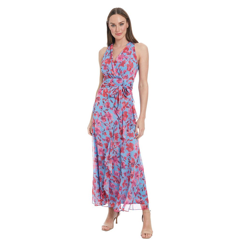 Women's London Times Floral Watercolor Halter Neck Ruffly