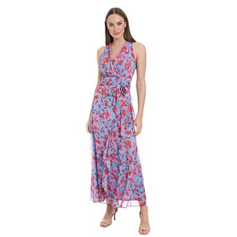 Women's London Times Floral Watercolor Halter Neck Ruffly Slit Hem Maxi Dress