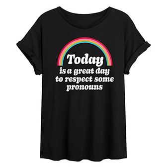 Juniors' Respect Pronouns Pride Oversized Tee