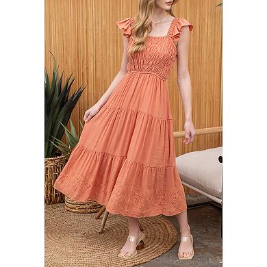 August Sky Women's Eyelet Ruched Tiered Midi Dress