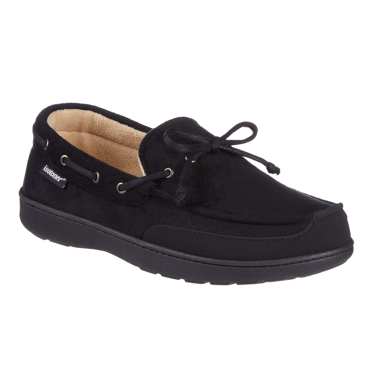 Мужские тапочки isotoner Carter Boater Water Repellent Microsuede Memory Foam Moccasin Slippers, цвет: Чёрный