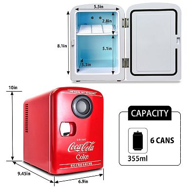 Coca-Cola 6-Can Mini Fridge Cooler/Warmer with Bluetooth Speaker