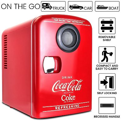 Coca-Cola 6-Can Mini Fridge Cooler/Warmer with Bluetooth Speaker